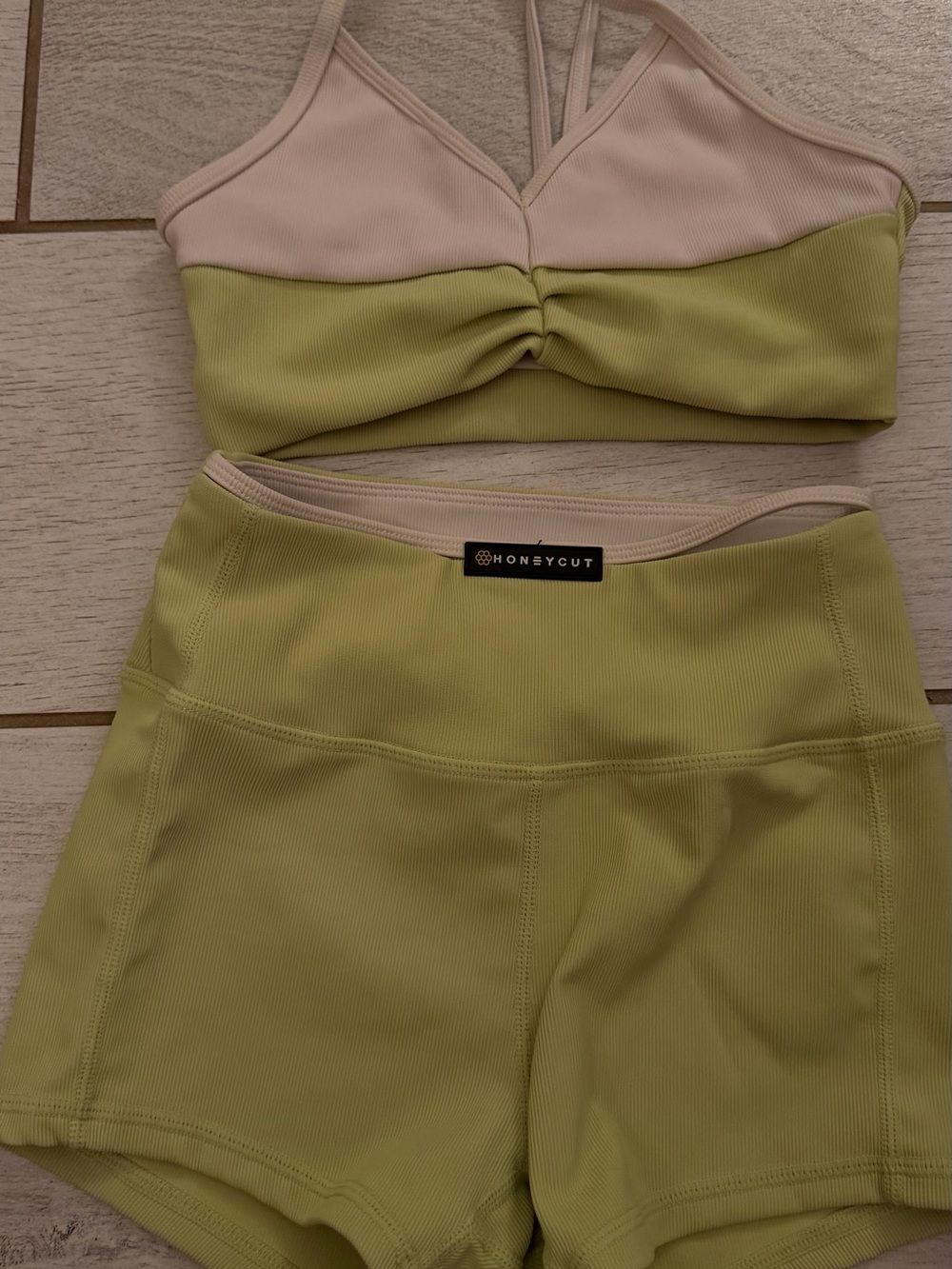 Honeycut Light Pink and Lime Ribbed Sports Bra & Short Set